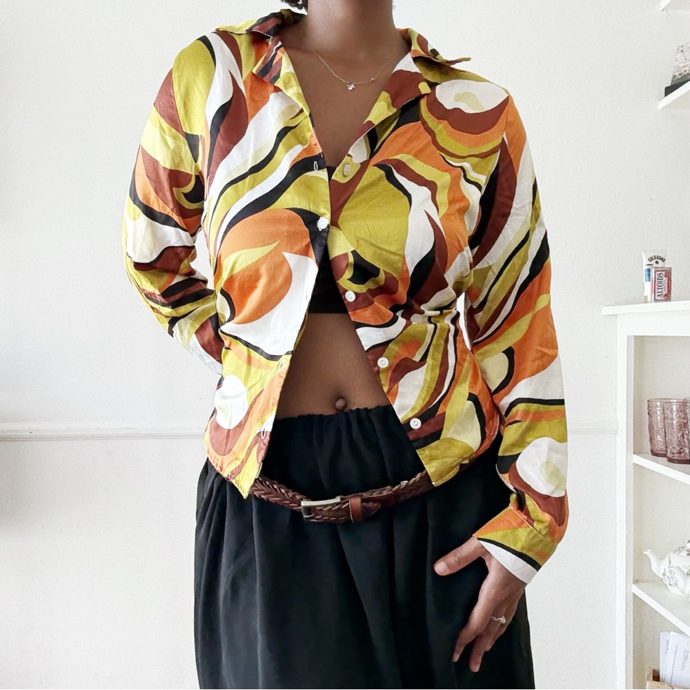 retro swirl silky button up shirt
